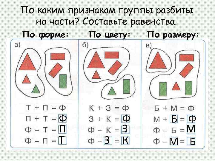 По каким признакам группы разбиты на части? Составьте равенства. По форме: По цвету: Ф