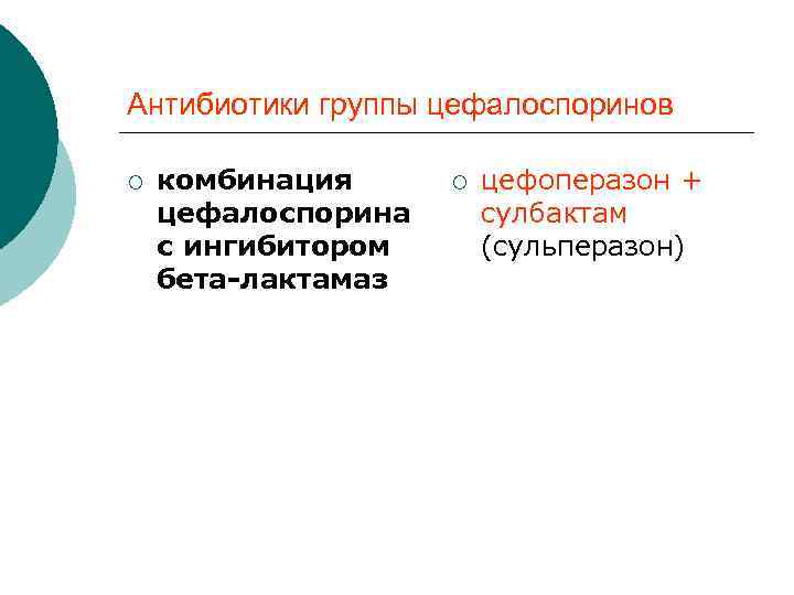 Антибиотики группы цефалоспоринов ¡ комбинация цефалоспорина с ингибитором бета-лактамаз ¡ цефоперазон + сулбактам (сульперазон)