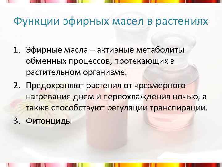 Функции эфирных масел в растениях 1. Эфирные масла – активные метаболиты обменных процессов, протекающих