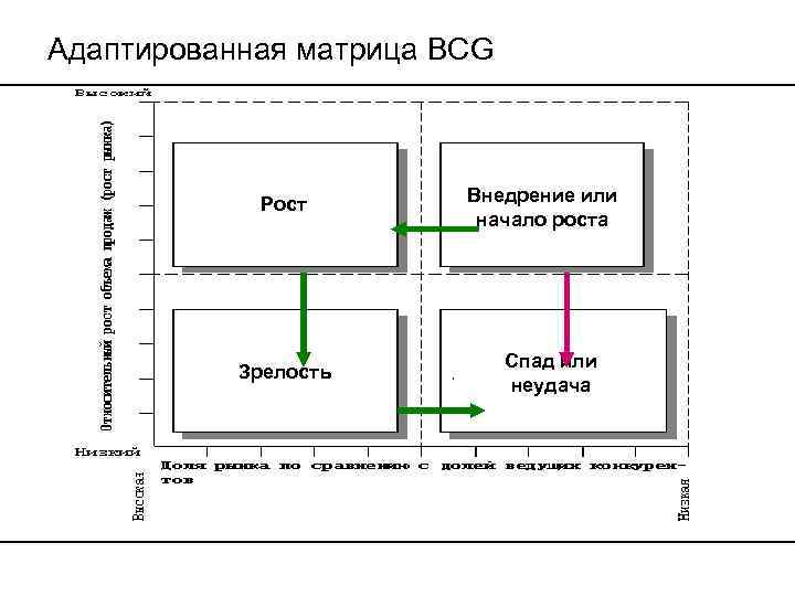 Адаптированная матрица BCG Рост Зрелость Внедрение или начало роста Спад или неудача 