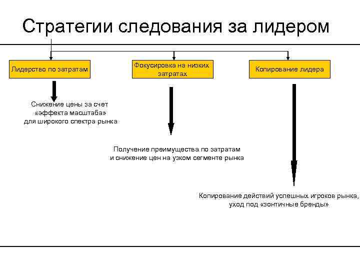 Стратегии следования за лидером Фокусировка на низких затратах Лидерство по затратам Копирование лидера Снижение