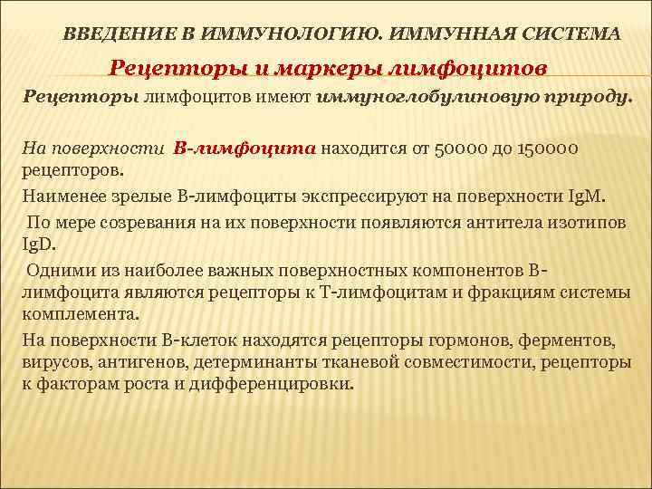 ВВЕДЕНИЕ В ИММУНОЛОГИЮ. ИММУННАЯ СИСТЕМА Рецепторы и маркеры лимфоцитов Рецепторы лимфоцитов имеют иммуноглобулиновую природу.