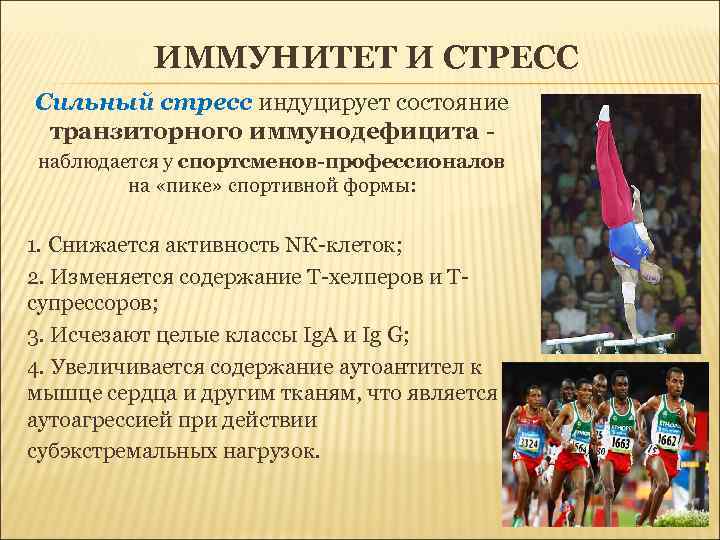 ИММУНИТЕТ И СТРЕСС Сильный стресс индуцирует состояние транзиторного иммунодефицита наблюдается у спортсменов-профессионалов на «пике»