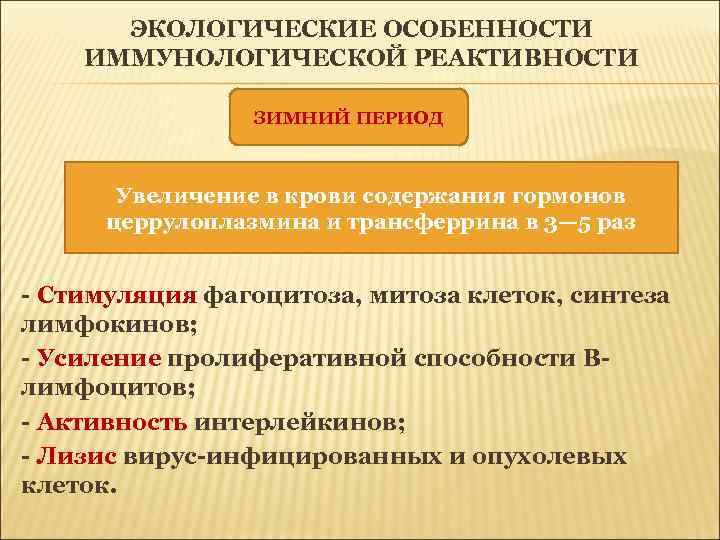 ЭКОЛОГИЧЕСКИЕ ОСОБЕННОСТИ ИММУНОЛОГИЧЕСКОЙ РЕАКТИВНОСТИ ЗИМНИЙ ПЕРИОД Увеличение в крови содержания гормонов церрулоплазмина и трансферрина