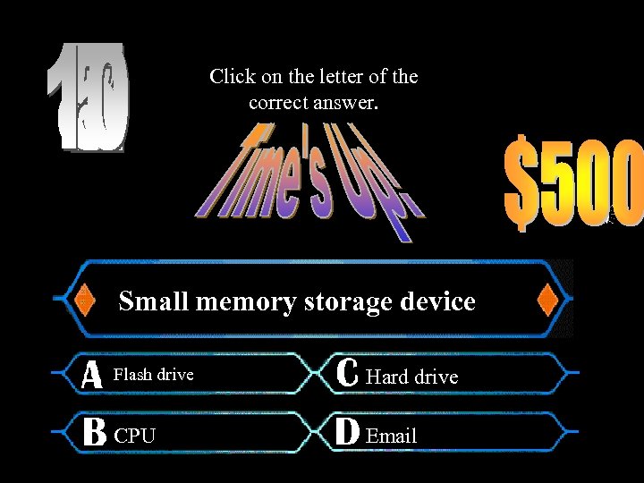 Click on the letter of the correct answer. Small memory storage device Flash drive