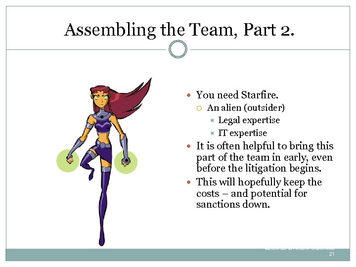 Assembling the Team, Part 2. You need Starfire. An alien (outsider) Legal expertise IT