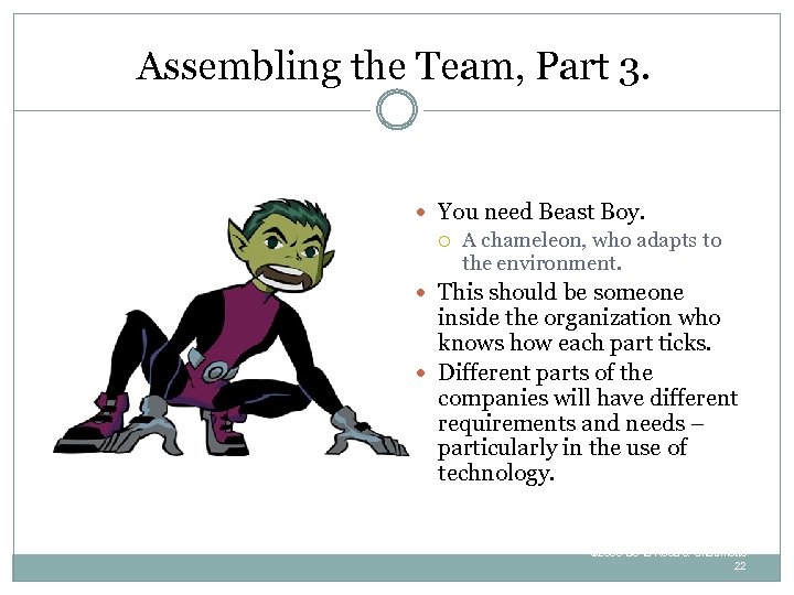 Assembling the Team, Part 3. You need Beast Boy. A chameleon, who adapts to