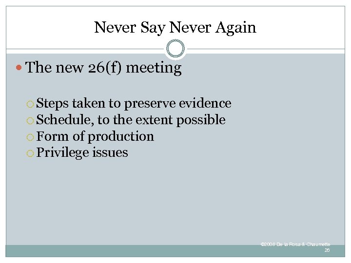 Never Say Never Again The new 26(f) meeting Steps taken to preserve evidence Schedule,