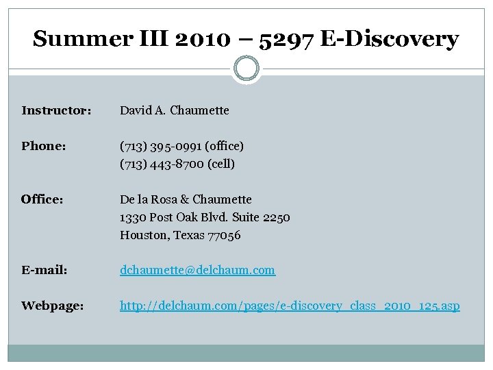 Summer III 2010 – 5297 E-Discovery Instructor: David A. Chaumette Phone: (713) 395 -0991