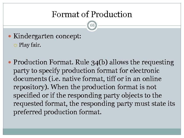 Format of Production 68 Kindergarten concept: Play fair. Production Format. Rule 34(b) allows the