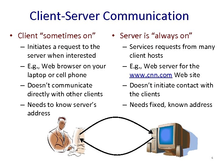 Client-Server Communication • Client “sometimes on” – Initiates a request to the server when
