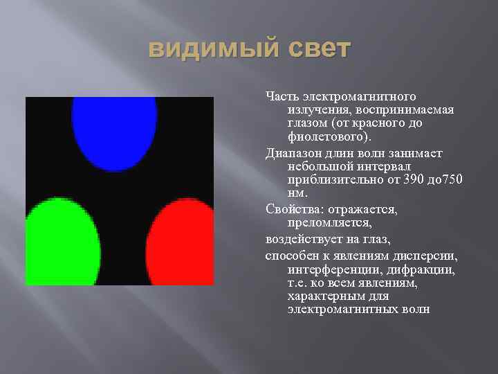 видимый свет Часть электромагнитного излучения, воспринимаемая глазом (от красного до фиолетового). Диапазон длин волн