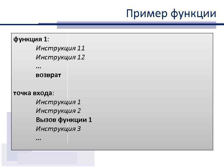 Пример функции функция 1: Инструкция 11 Инструкция 12. . . возврат точка входа: Инструкция