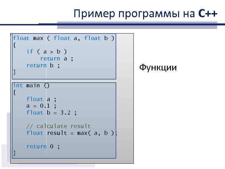 Пример программы на С++ float max ( float a, float b ) { if
