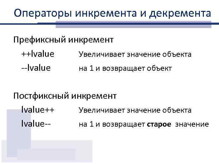 Операторы инкремента и декремента Префиксный инкремент ++lvalue Увеличивает значение объекта --lvalue на 1 и
