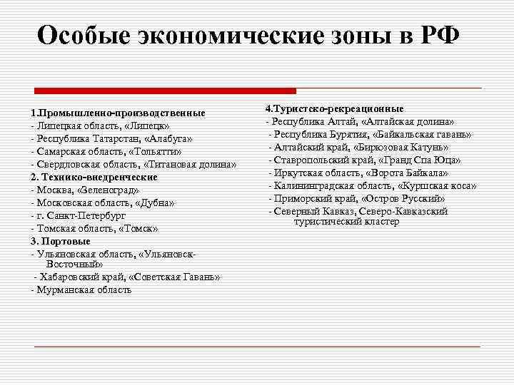 Особые экономические зоны в РФ 1. Промышленно-производственные - Липецкая область, «Липецк» - Республика Татарстан,