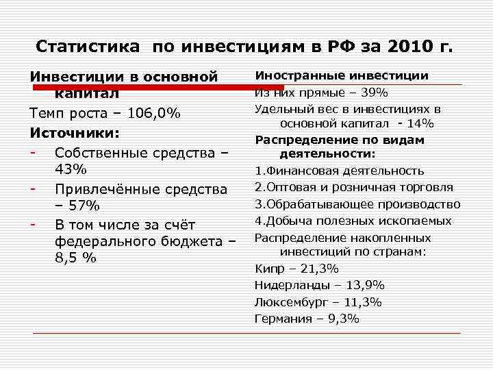 Статистика по инвестициям в РФ за 2010 г. Инвестиции в основной капитал Темп роста