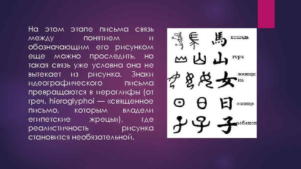На этом этапе письма связь между понятием и обозначающим его рисунком еще можно проследить,