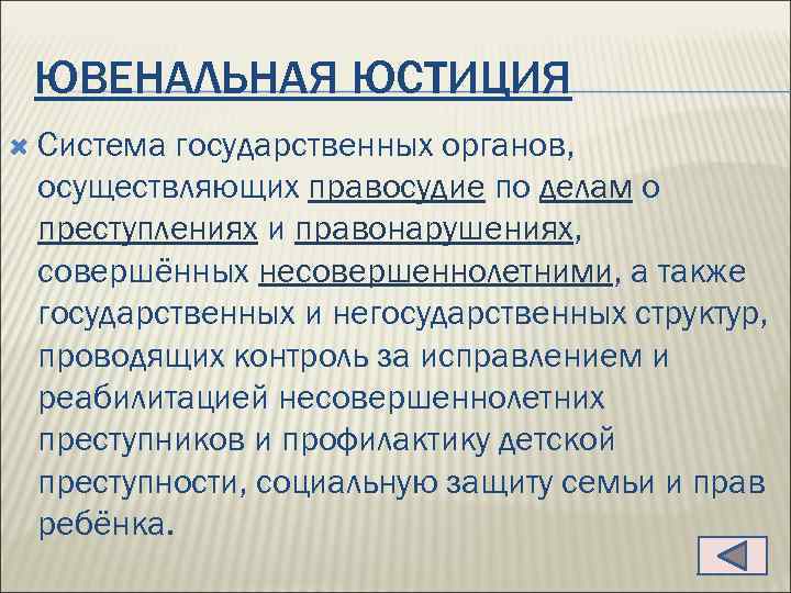 ЮВЕНАЛЬНАЯ ЮСТИЦИЯ Система государственных органов, осуществляющих правосудие по делам о преступлениях и правонарушениях, совершённых