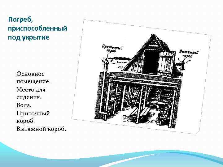 Погреб, приспособленный под укрытие Основное помещение. Место для сидения. Вода. Приточный короб. Вытяжной короб.