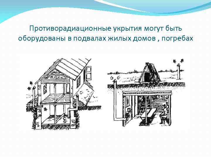 Противорадиационные укрытия могут быть оборудованы в подвалах жилых домов , погребах 