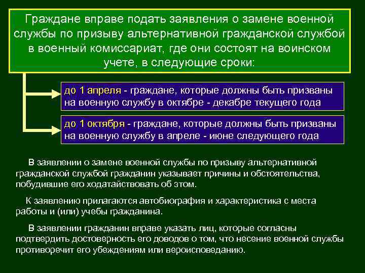 Граждане вправе подать заявления о замене военной службы по призыву альтернативной гражданской службой в