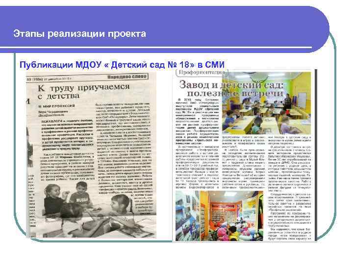  Этапы реализации проекта Публикации МДОУ « Детский сад № 18» в СМИ 