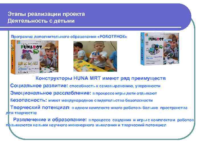  Этапы реализации проекта Деятельность с детьми Программа дополнительного образования «РОБОТЕНОК» Конструкторы HUNA MRT