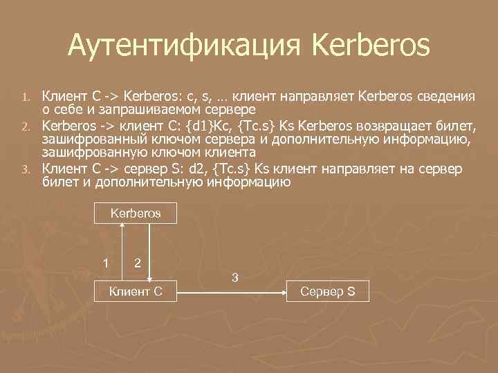 Аутентификация Kerberos Клиент C -> Kerberos: c, s, … клиент направляет Kerberos сведения о