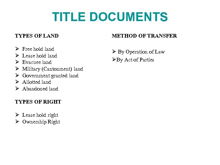 TITLE DOCUMENTS TYPES OF LAND METHOD OF TRANSFER By Operation of Law By Act