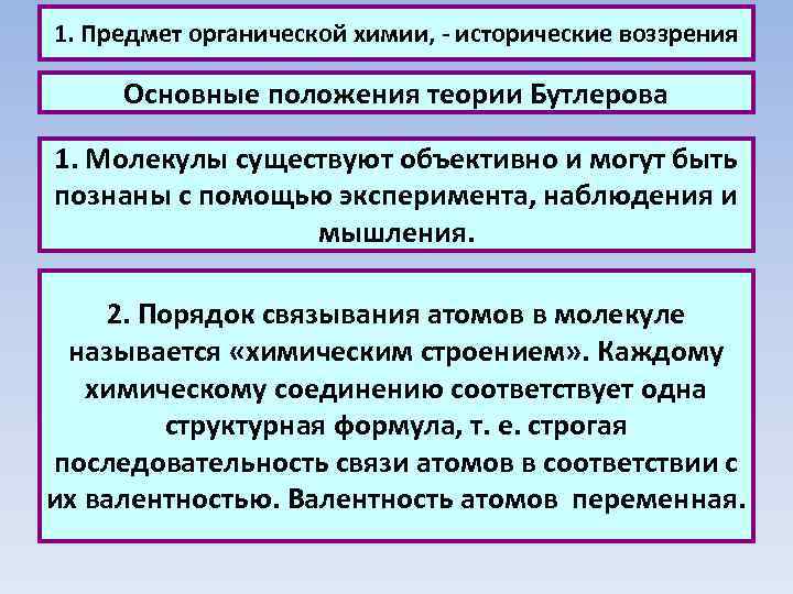 1. Предмет органической химии, - исторические воззрения Основные положения теории Бутлерова 1. Молекулы существуют