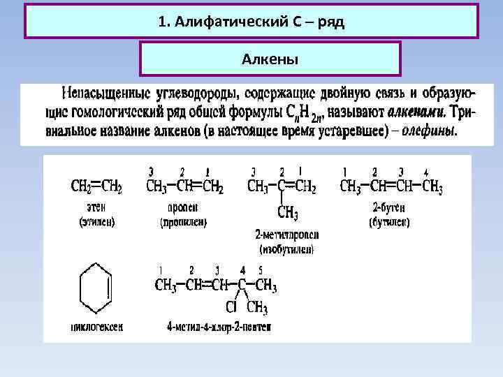 1. Алифатический С – ряд Алкены 