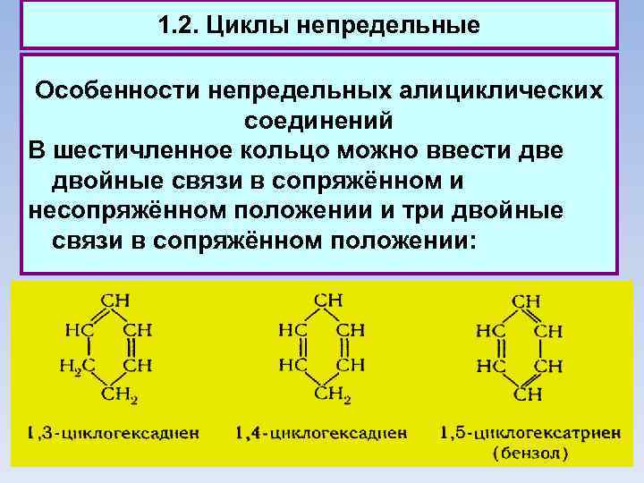 1. 2. Циклы непредельные Особенности непредельных алициклических соединений В шестичленное кольцо можно ввести две