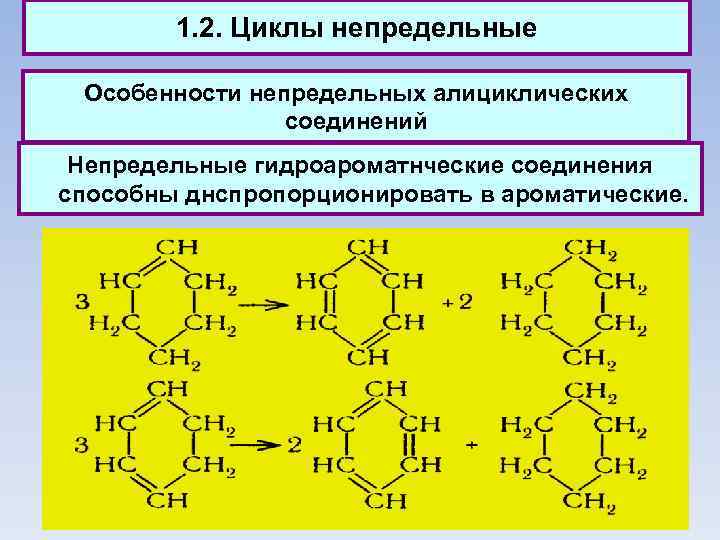 1. 2. Циклы непредельные Особенности непредельных алициклических соединений Непредельные гидроароматнческие соединения способны днспропорционировать в