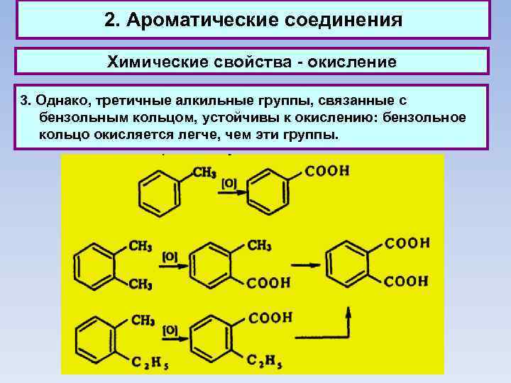 2. Ароматические соединения Химические свойства - окисление 3. Однако, третичные алкильные группы, связанные с