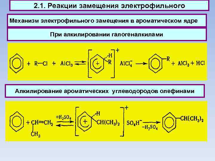 2. 1. Реакции замещения электрофильного Механизм электрофильного замещения в ароматическом ядре При алкилировании галогеналкилами