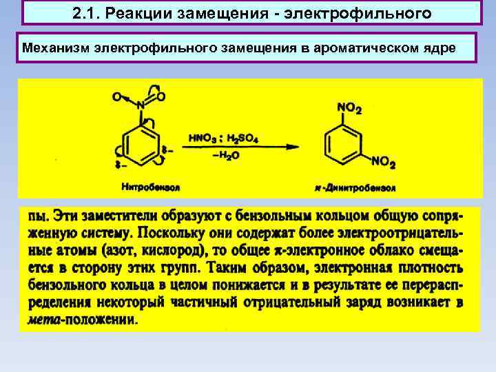 2. 1. Реакции замещения - электрофильного Механизм электрофильного замещения в ароматическом ядре 