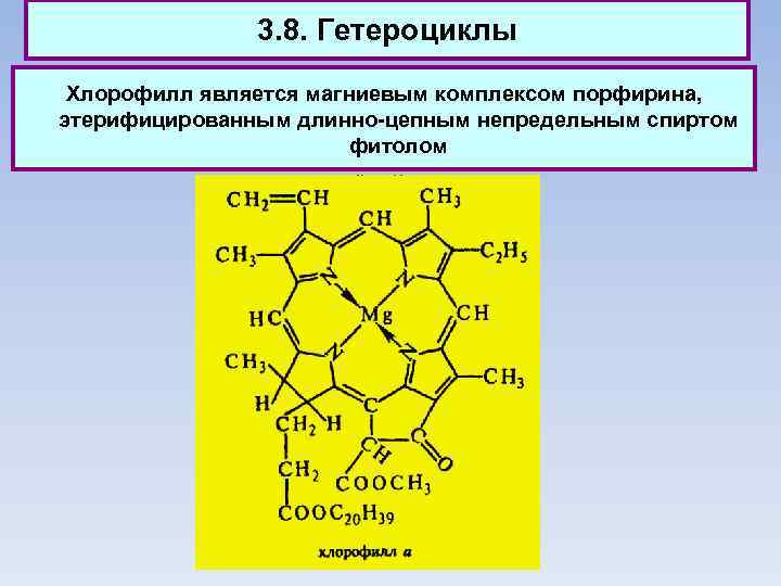 3. 8. Гетероциклы Хлорофилл является магниевым комплексом порфирина, этерифицированным длинно-цепным непредельным спиртом фитолом 