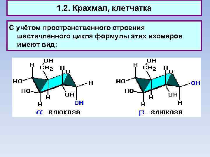 1. 2. Крахмал, клетчатка С учётом пространственного строения шестичленного цикла формулы этих изомеров имеют