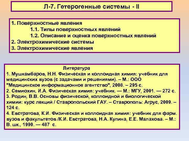 Л-7. Гетерогенные системы - II 1. Поверхностные явления 1. 1. Типы поверхностных явлений 1.