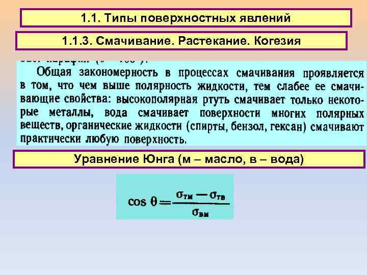 1. 1. Типы поверхностных явлений 1. 1. 3. Смачивание. Растекание. Когезия Уравнение Юнга (м