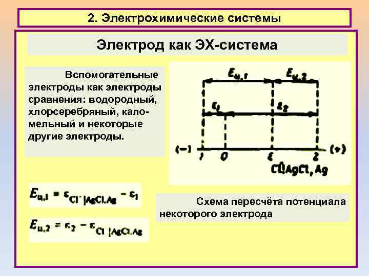 2. Электрохимические системы Электрод как ЭХ-система Вспомогательные электроды как электроды сравнения: водородный, хлорсеребряный, каломельный