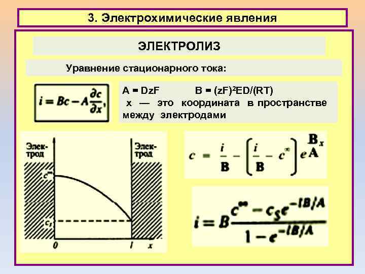 3. Электрохимические явления ЭЛЕКТРОЛИЗ Уравнение стационарного тока: A = Dz. F B = (z.