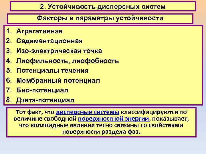 2. Устойчивость дисперсных систем Факторы и параметры устойчивости 1. 2. 3. 4. 5. 6.
