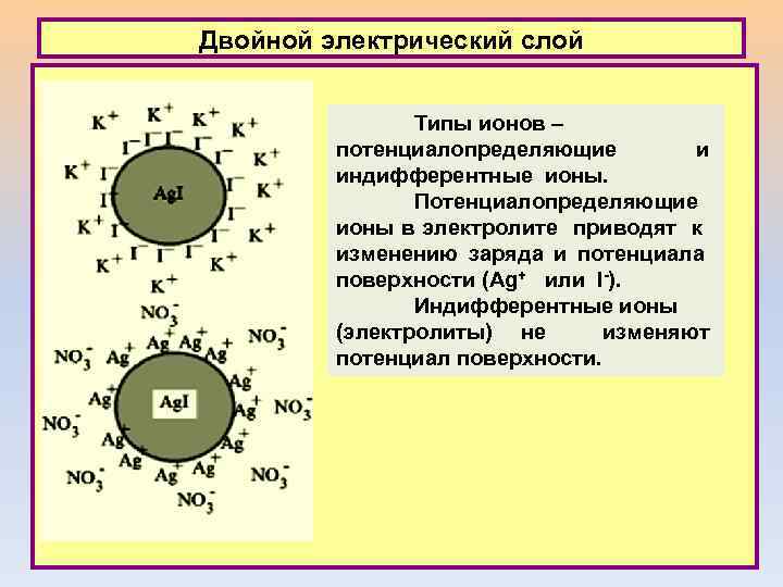 Двойной электрический слой Типы ионов – потенциалопределяющие и индифферентные ионы. Потенциалопределяющие ионы в электролите
