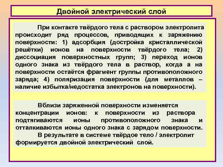 Двойной электрический слой При контакте твёрдого тела с раствором электролита происходит ряд процессов, приводящих