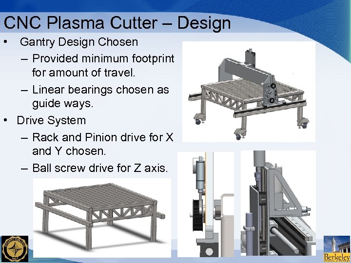 CNC Plasma Cutter – Design • Gantry Design Chosen – Provided minimum footprint for
