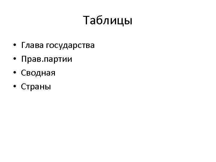 Таблицы • • Глава государства Прав. партии Сводная Страны 
