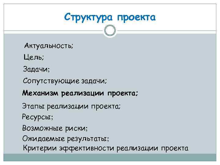 Структура проекта Актуальность; Цель; Задачи; Сопутствующие задачи; Механизм реализации проекта; Этапы реализации проекта; Ресурсы;