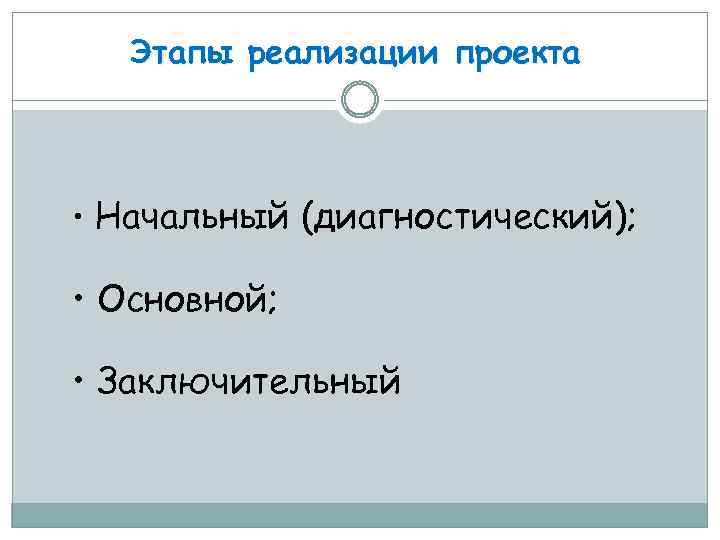 Этапы реализации проекта • Начальный (диагностический); • Основной; • Заключительный 